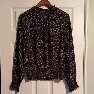 THML Navy Long-Sleeve Smocked-Neck Blouse with Tan Dot Print